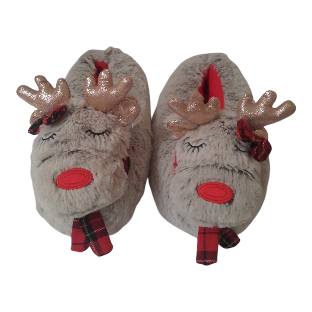 Christmas Fuzzy RUDOLPH REINDEER Slippers Sparkly Antlers And Ears Size 9-10